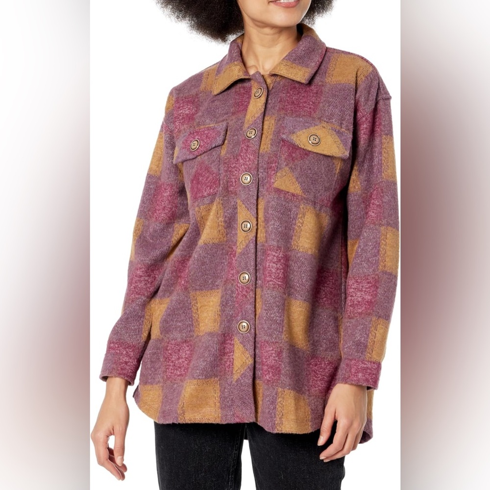 Multiples Plaid Button-Up Flannel Jacket-M Purple/Gold/Pink NWT Casual Cabincore